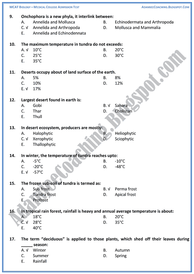 Adamjee Coaching MCAT Biology [Some Major Ecosystems] Mcqs for