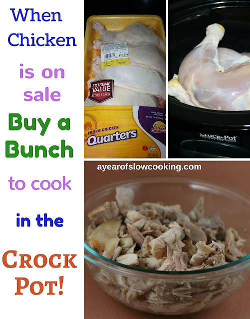 When chicken in on sale, snag it and bring it home! 7 hours later you've got perfect homemade shredded chicken for tacos, pasta sauce, salads, sandwiches, etc. Long live the crockpot slow cooker!