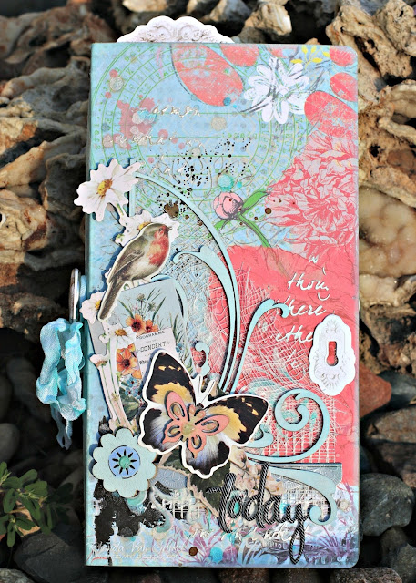 Traveler's Journal featuring Serenade papers and PowderPuff Chalk Inks by Quick Quotes and Joy Clair Stamps designed by Rhonda Van Ginkel