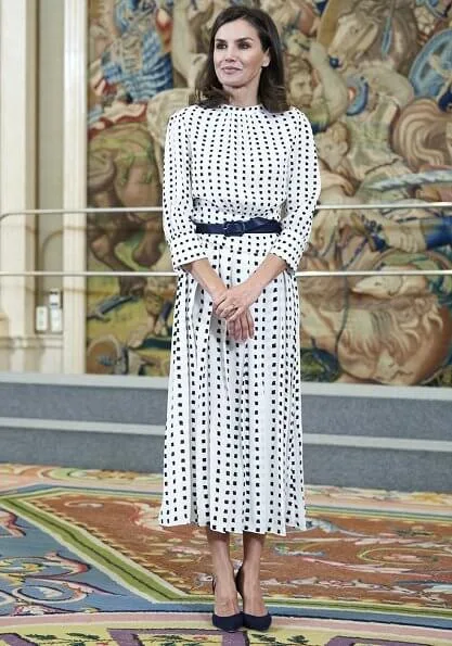 Queen Letizia wore Massimo Dutti print dress and Carolina Herrera pumps. Carlos Fitz-James Stuart, Duke of Alba