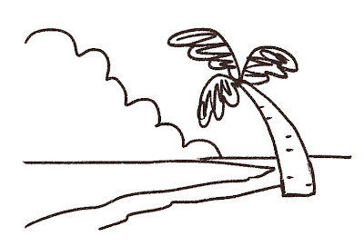 ビーチのイラスト「ヤシの木と入道雲」 線画