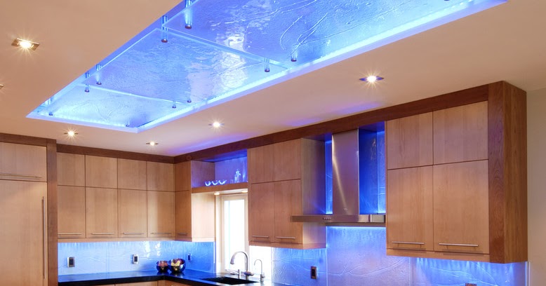 Blue Glass counter-tops and backsplash back-lit with custom LED light ...