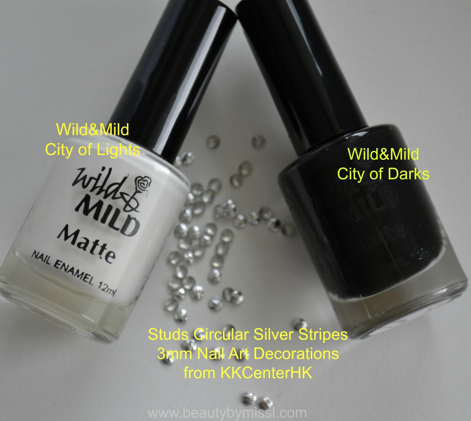 black white nail polish, nail studs