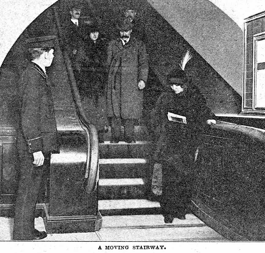 1920s subway escalator a photograph of a 1920s subway escalator, a moving stairway