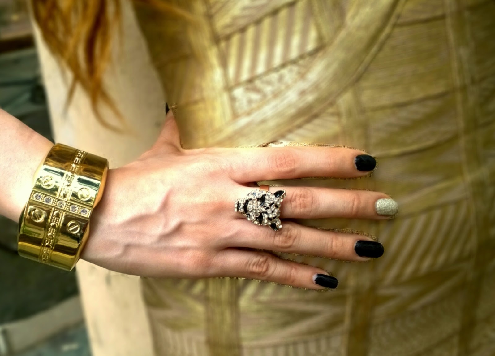 Cartier inspired gold cuff bracelet, panther ring