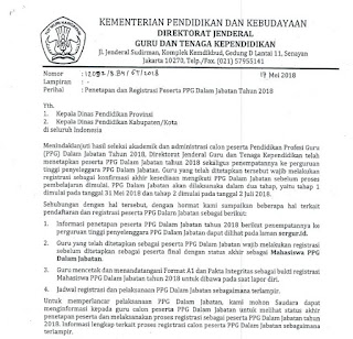 Dirjen GTK Kementerian Pendidikan dan Kebudayan telah mengeluarkan surat dengan nomor  Penetapan dan Registrasi Peserta PPGJ 2018