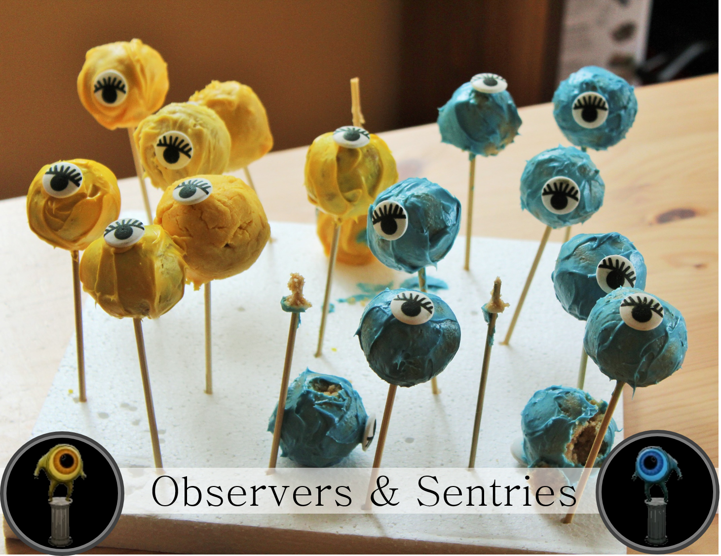 Blue and Yellow cake pops with candy eyes make adorable observers and sentry wards.
