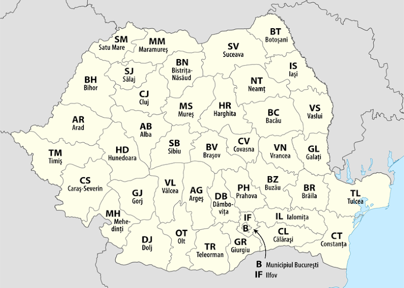 Peta pembagian wilayah administratif Rumania