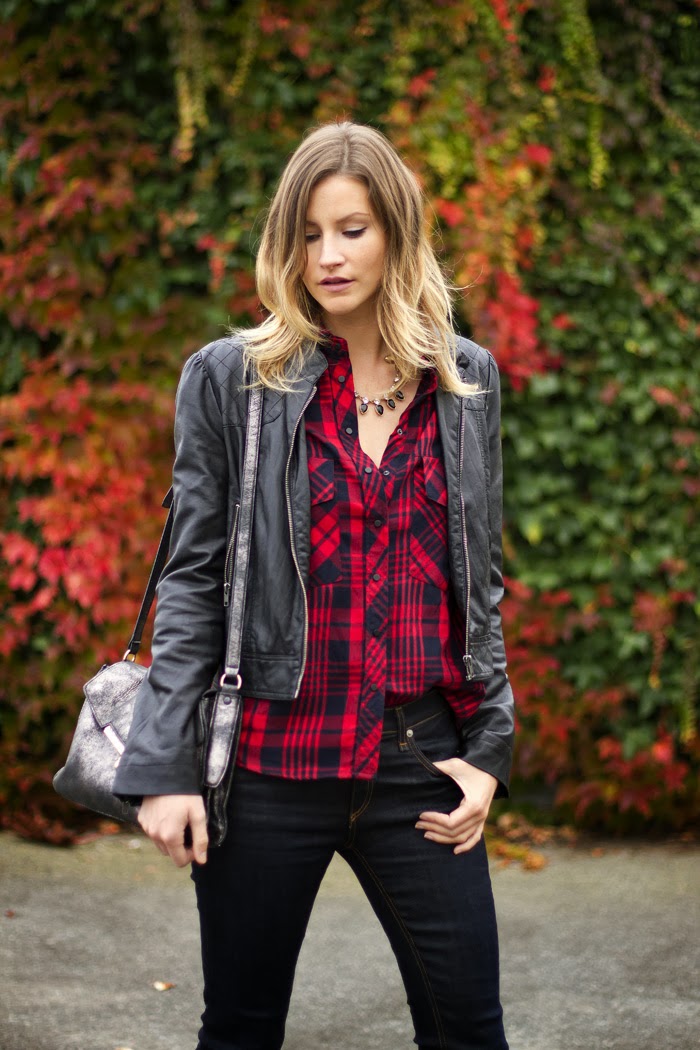 Vancouver Fashion Blogger, Alison Hutchinson, is wearing a Zara plaid top, Forever 21 leather jacket, Rag & Bone Jeans, Zara heels and a silver botkier valentina bag