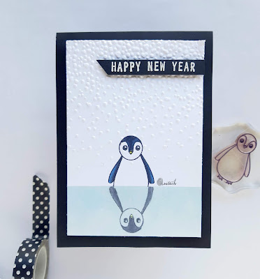 Winnie & Walter Penguin Stampset, Technique card, cards by Ishani, Mirror stamping, New Year, CAS card, Copic markers, dry embossing, Embossing folder, Sizzix, Quillish 