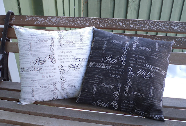 Throw pillows made with Pride & Prejudice fabric by eSheep Designs
