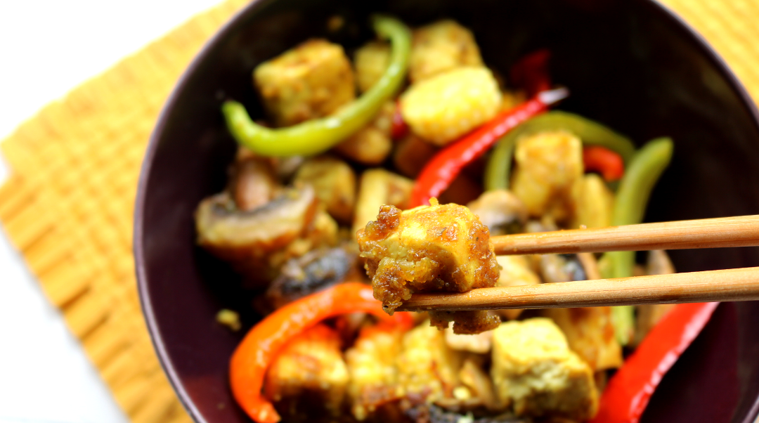 Crispy Madras Tofu Bites with Turmeric Basmati Rice & Stir Fried Veggies (Vegan recipe)