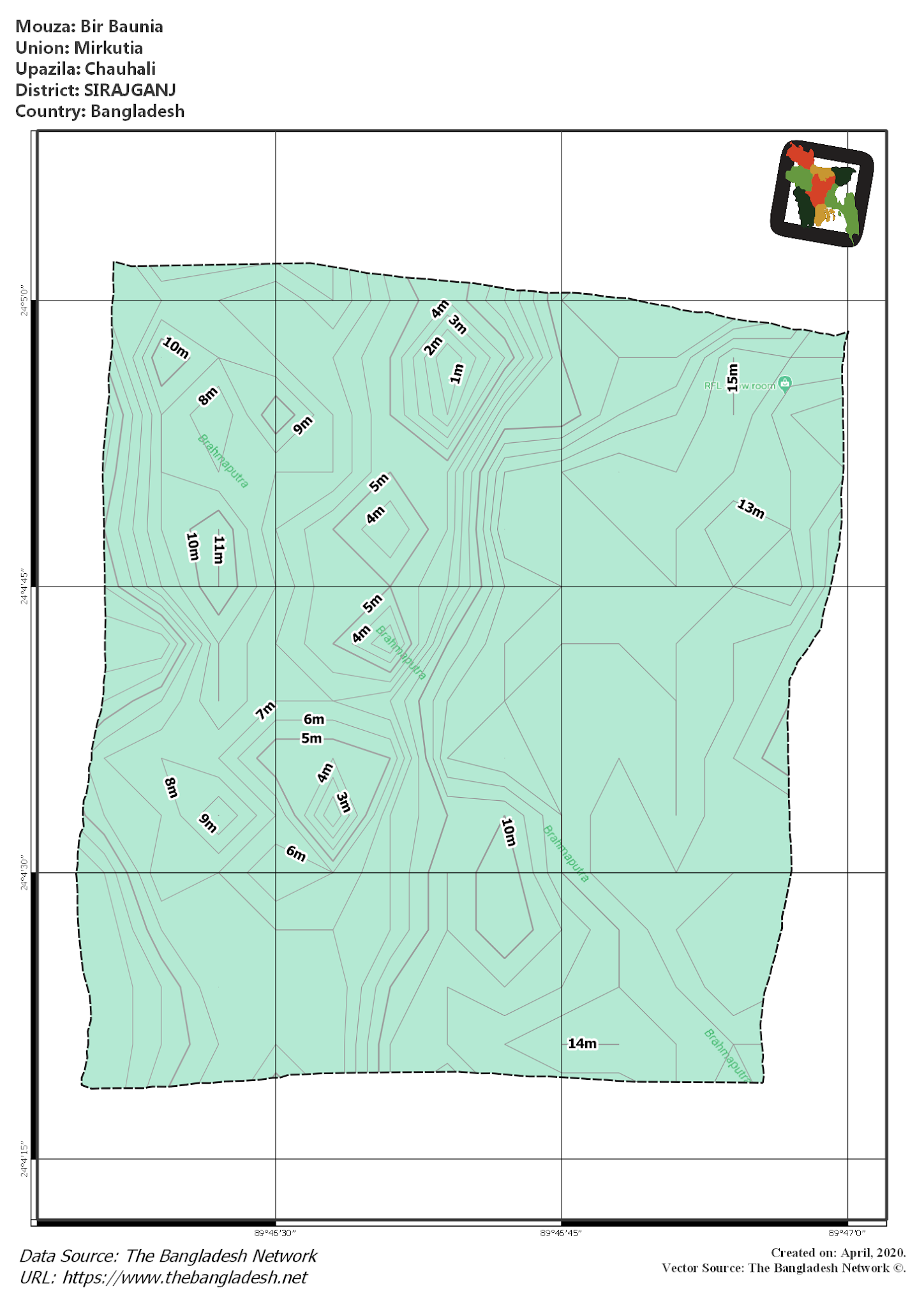 Map of Bir Baunia Mouza of Chauhali Upazila, SIRAJGANJ, Bangladesh.