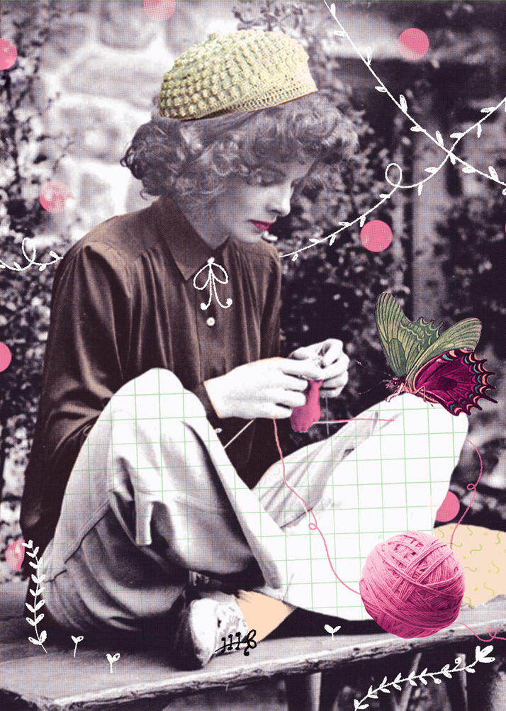 katharine hepburn, knitting, elcosturero, collage, ilustracion