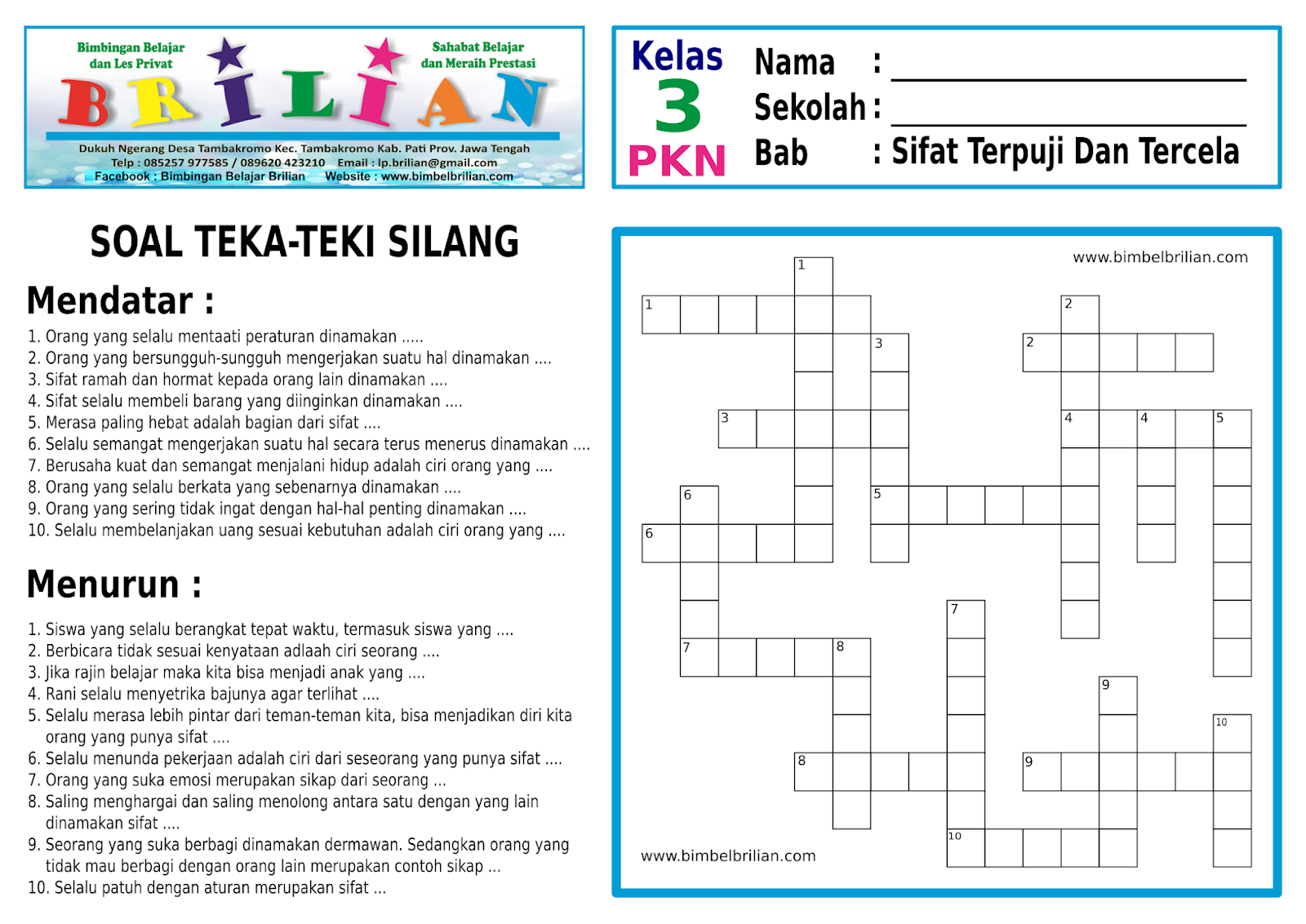 Soal Teka Teki Silang Tts Kelas 3 Sd Tentang Sifat Terpuji Dan Tercela Bimbel Brilian