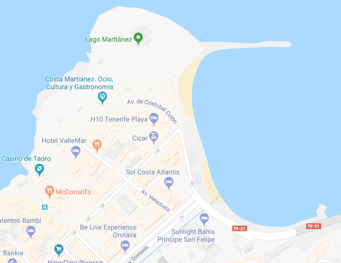 Plano del Lago Martiánez, la playa del mismo nombre y los hoteles de los alrededores Plano de los hoteles más cercanos a las piscinas y playa de Martiánez