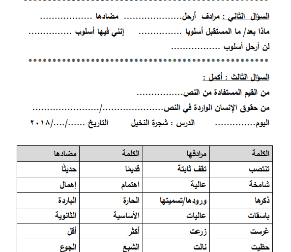 أوراق عمل مع معاني كلمات درس شجرة النخيل للغة العربية خامس
