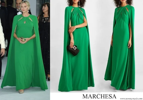 Princess Charlene wore Marchesa notte green cape effect crepe gown