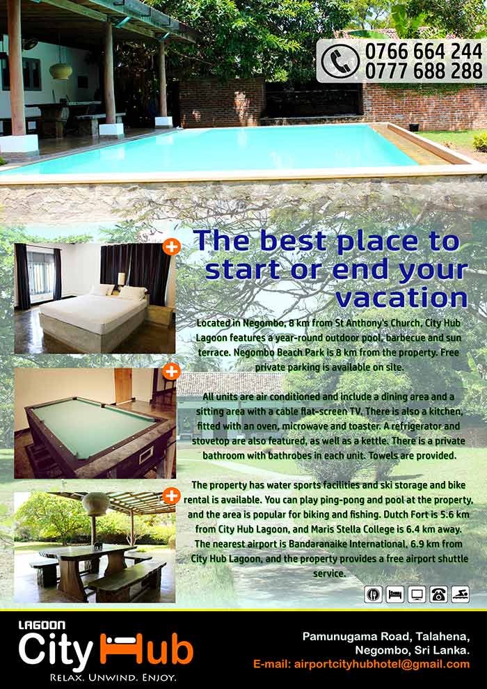 Relax, Unwind, Enjoy at City Hub Lagoon. Located in Negombo, 8 km from St Anthony's Church, City Hub Lagoon features a year-round outdoor pool, barbecue and sun terrace. Negombo Beach Park is 9 km from the property. Free WiFi is offered throughout the property. All units are air conditioned and include a dining area and a seating area with a cable flat-screen TV. There is also a kitchen, fitted with an oven, microwave and toaster. A refrigerator and stovetop are also provided, as well as a kettle. Free private parking is also available on site. Bed linen is featured. The property has water sports facilities and ski storage space and bike hire is available. You can play table tennis and billiards at the property, and the area is popular for cycling and fishing. Dutch Fort is 6 km from City Hub Lagoon, while Maris Stella College is 7 km away. The nearest airport is Bandaranaike, 7 km from City Hub Lagoon, and the property offers a free airport shuttle service.