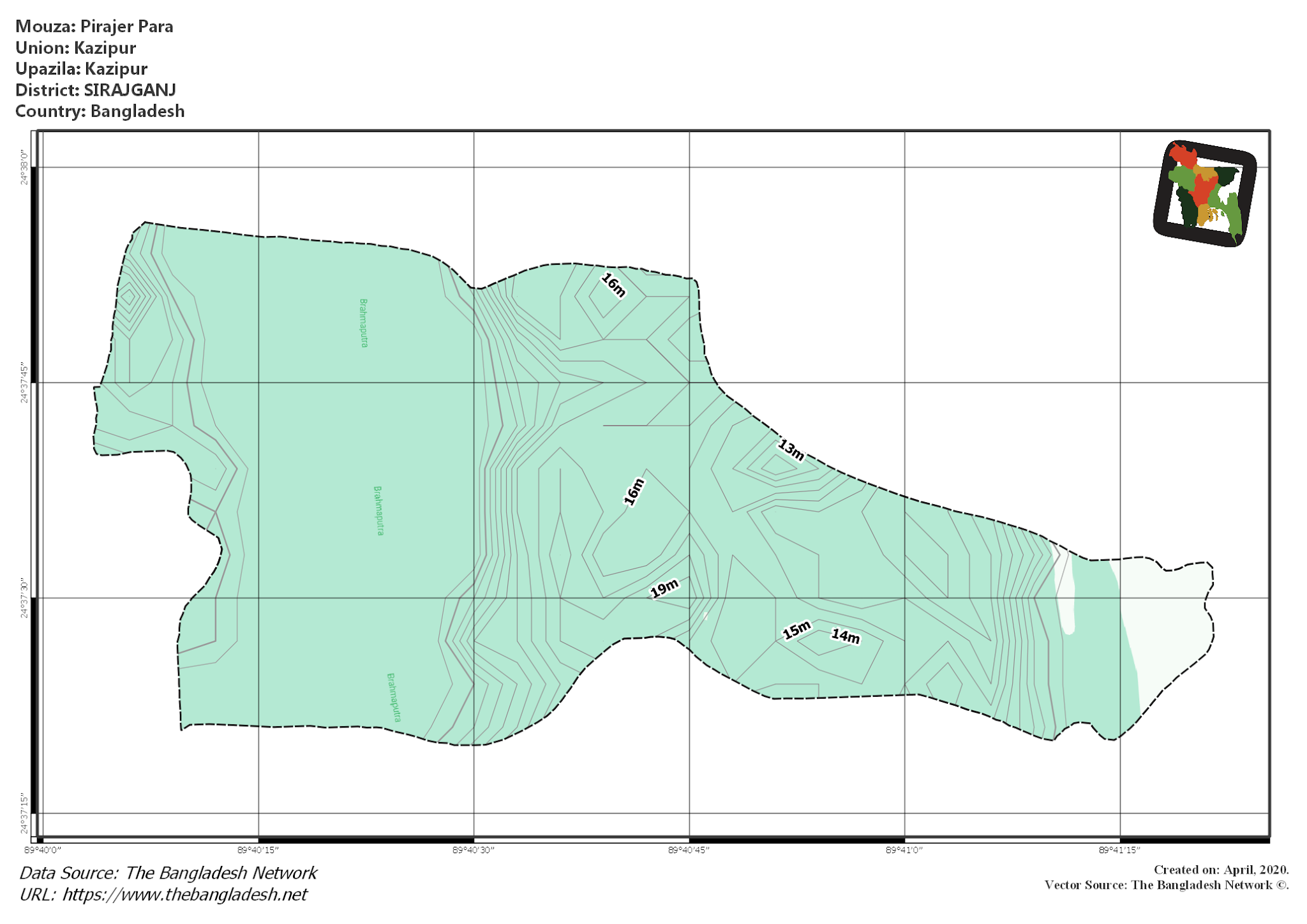 Map of Pirajer Para Mouza of Kazipur Upazila, SIRAJGANJ, Bangladesh.