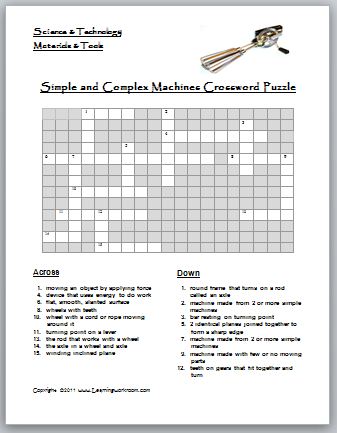 Crossword Puzzles Answers on Ideas   Grades K 8  Simple And Complex Machines Crossword Puzzle