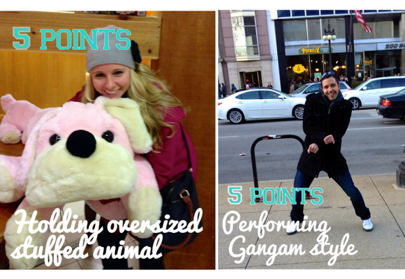 Holding an over-sized stuffed animal and performing gangam style were parts of the Christmas photo hunt, 