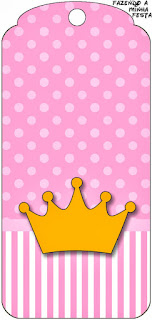 Corona Dorada en Fondo Rosa con Lunares y Rayas: Etiquetas para Candy Bar para Descargar Gratis.