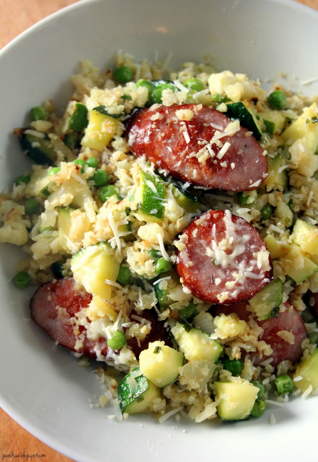 Jo and Sue Kielbasa, Zucchini, and Cauliflower Rice Skillet