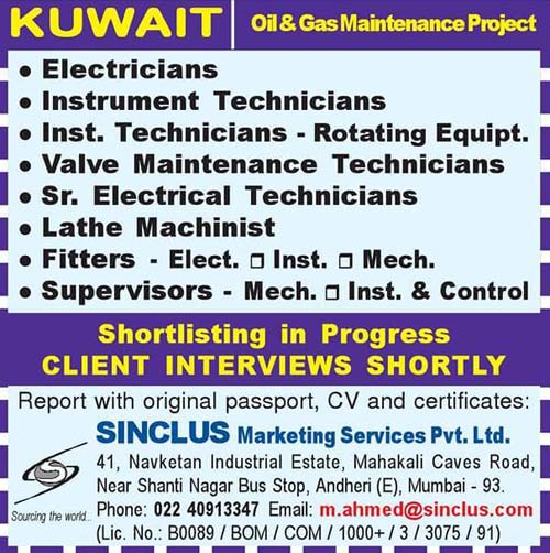 Kuwait Oil and Gas Maintenance Project Jobs | Sinclus Mumbai 