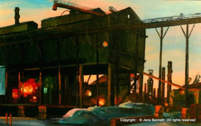 plein air oil painting of  the BHP Steelworks by industrial heritage artist Jane Bennett