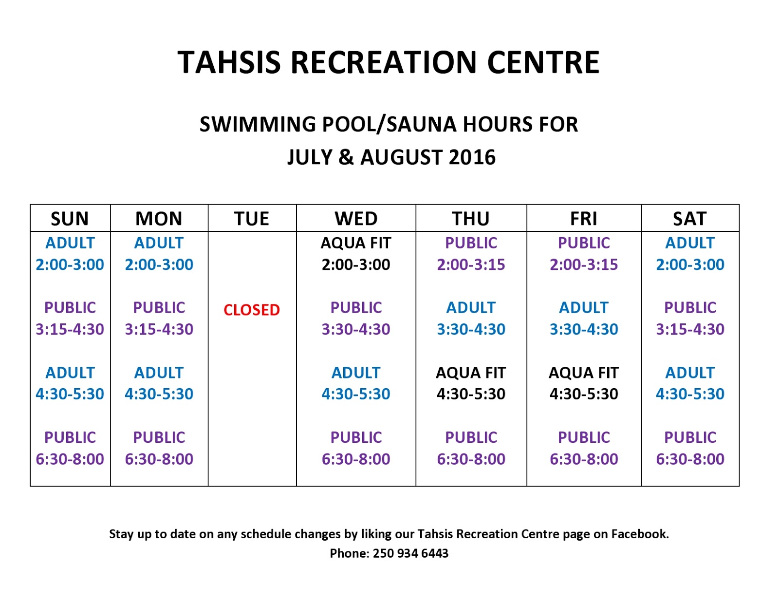 Tahsis Living New Revised Swimming Pool Schedule for Summer