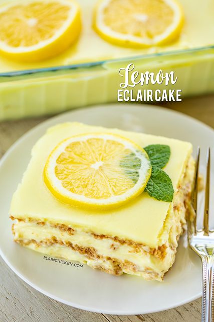 o-Bake Lemon Eclair Cake Recipe - lemon pudding, cool whip and graham crackers layered and topped with lemon frosting. It gets better the longer it sits in the fridge - it is just SO hard to wait to eat it. SOOO good. People go nuts over this easy dessert recipe! Great for parties and potlucks. There are NEVER any leftovers! #nobakedessert #dessert #lemon #nobake