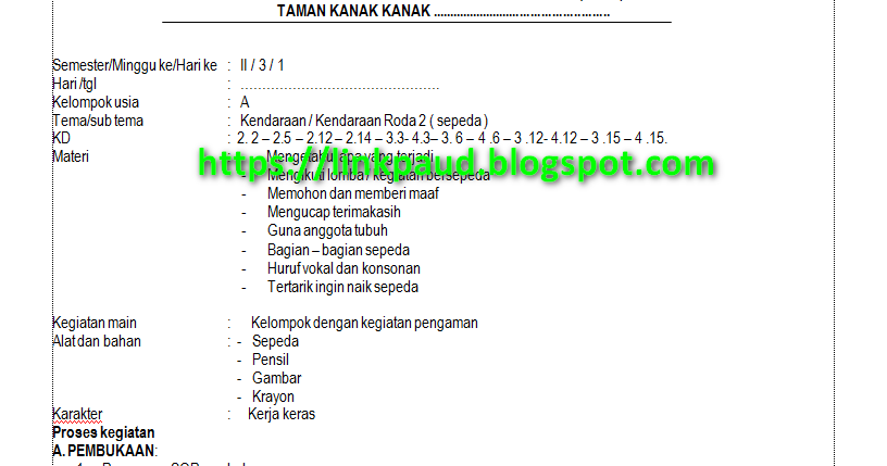 RPPH PAUD TEMA KENDARAAN USIA 45 TAHUN SEMESTER 2