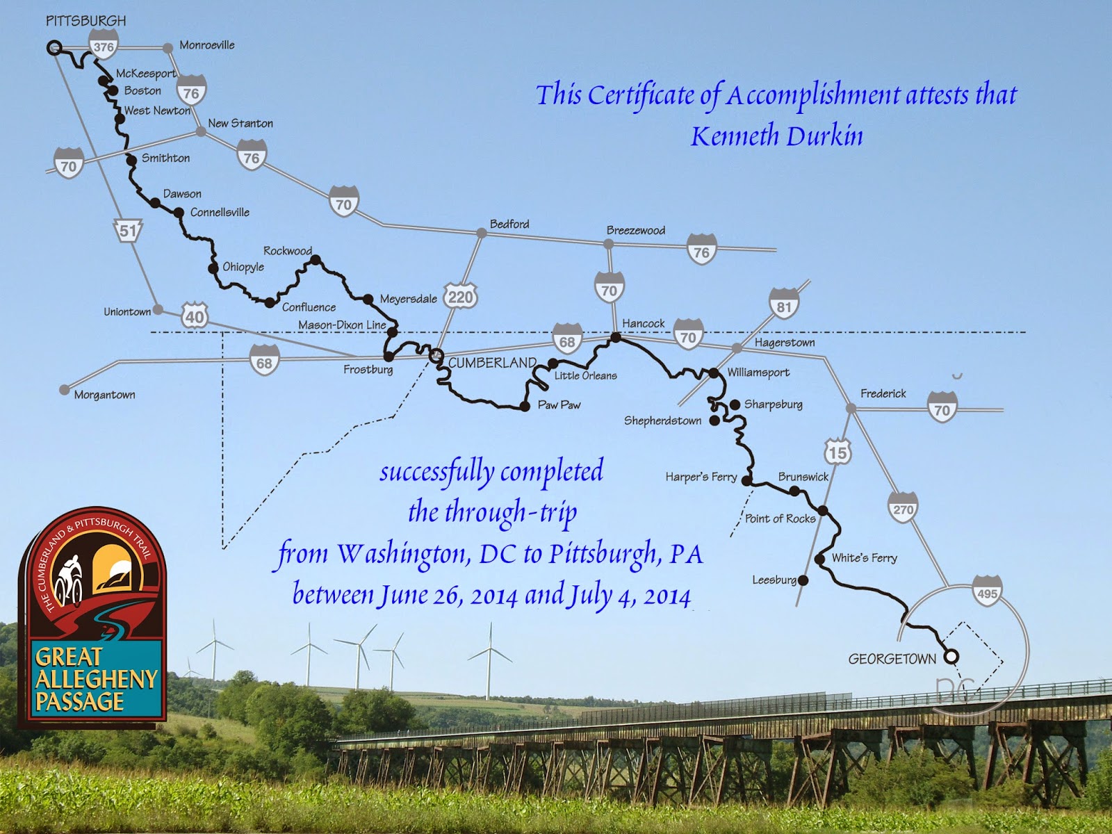 Washington D C Pittsburgh Bike - Wash DC Pittsburgh Bike Trip Certificate 