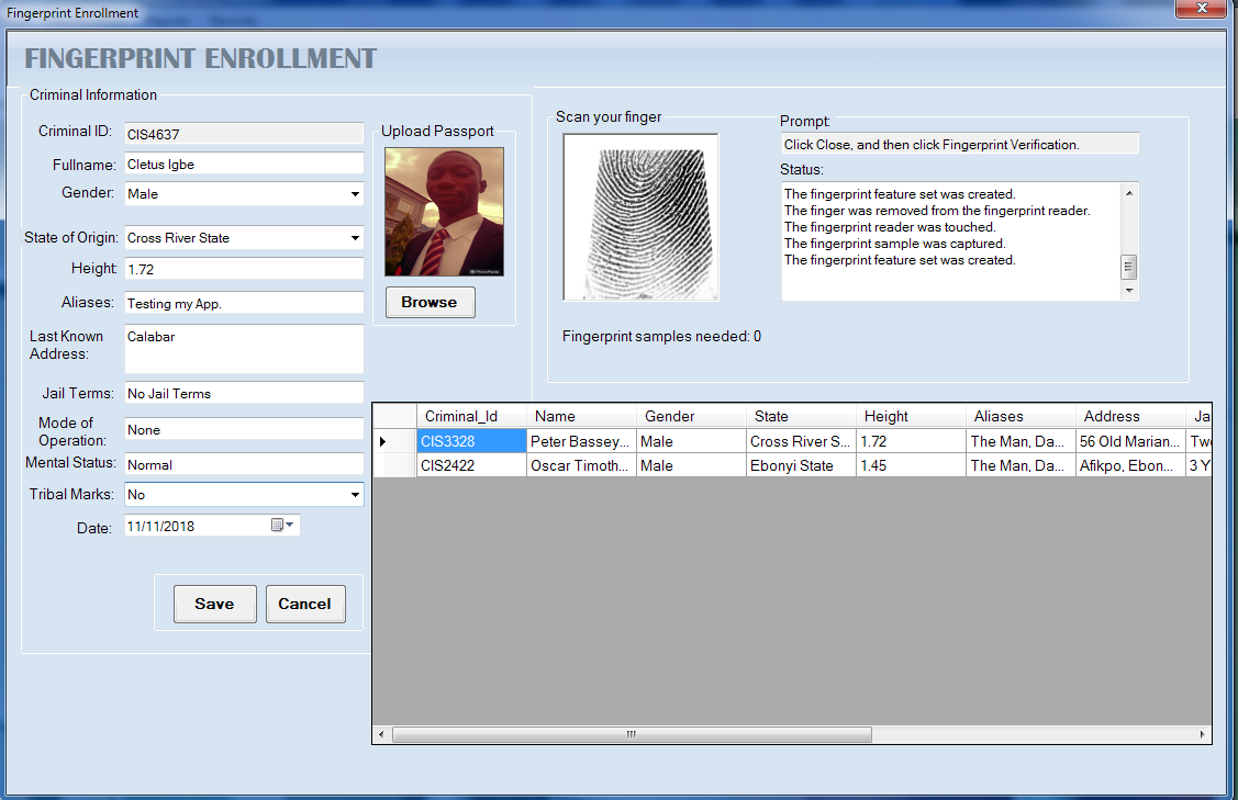 FINGERPRINT BIOMETRIC CRIMINAL IDENTIFICATION SYSTEM C SOURCE