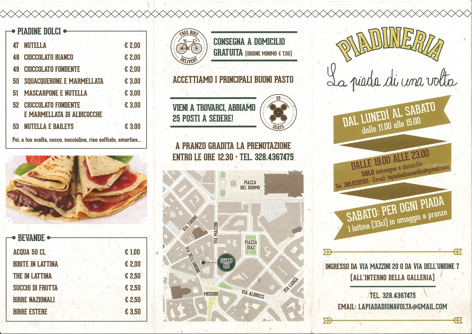 Menu e Prezzi Piadineria LA PIADA DI UNA VOLTA a Milano in Galleria