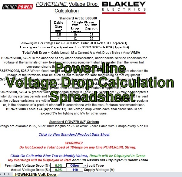 Powerline Voltage Drop Calculation Spreadsheet