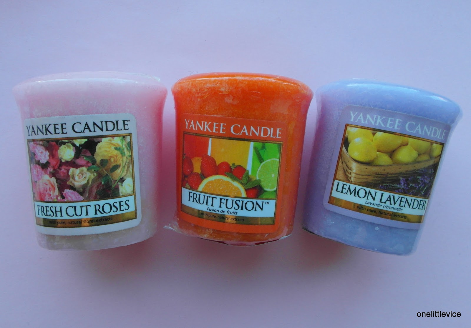 Yankee Candles Fresh Cut Roses, Fruit Fusion and Lemon Lavendar One