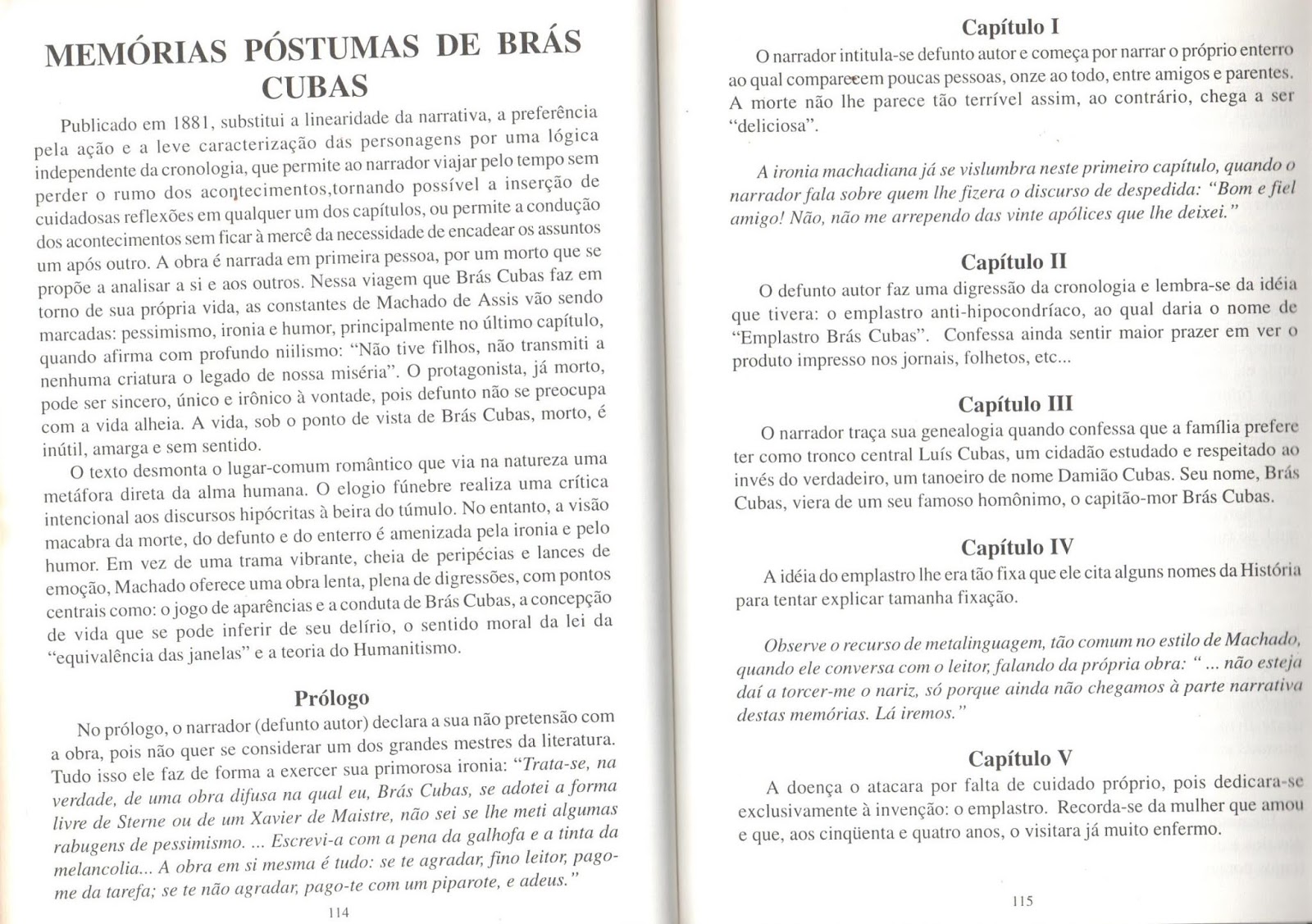 Profªmara Alice Memorias Postumas De Bras Cubas De Machado De Assis Resumo Elaborado Pela Profª Maria Aparecida Pavan