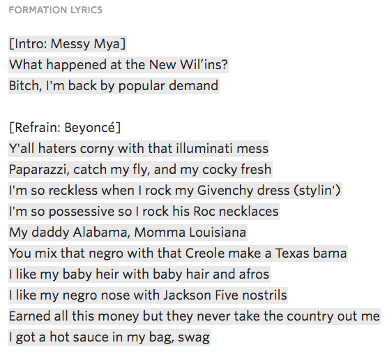 free to find truth 33 113 123 Opening lyrics to 'Formation', Beyonce