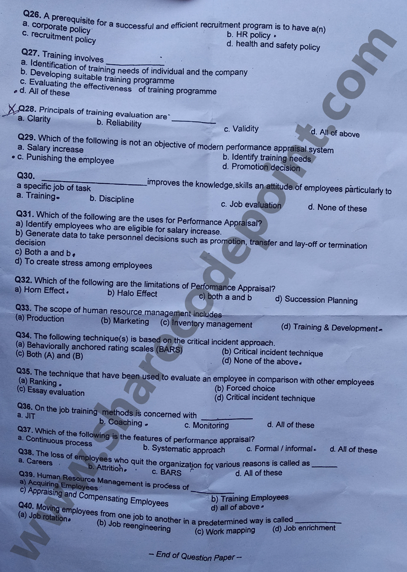 HRM101 Human Resource Management Mid Term Exam Question Paper HRM