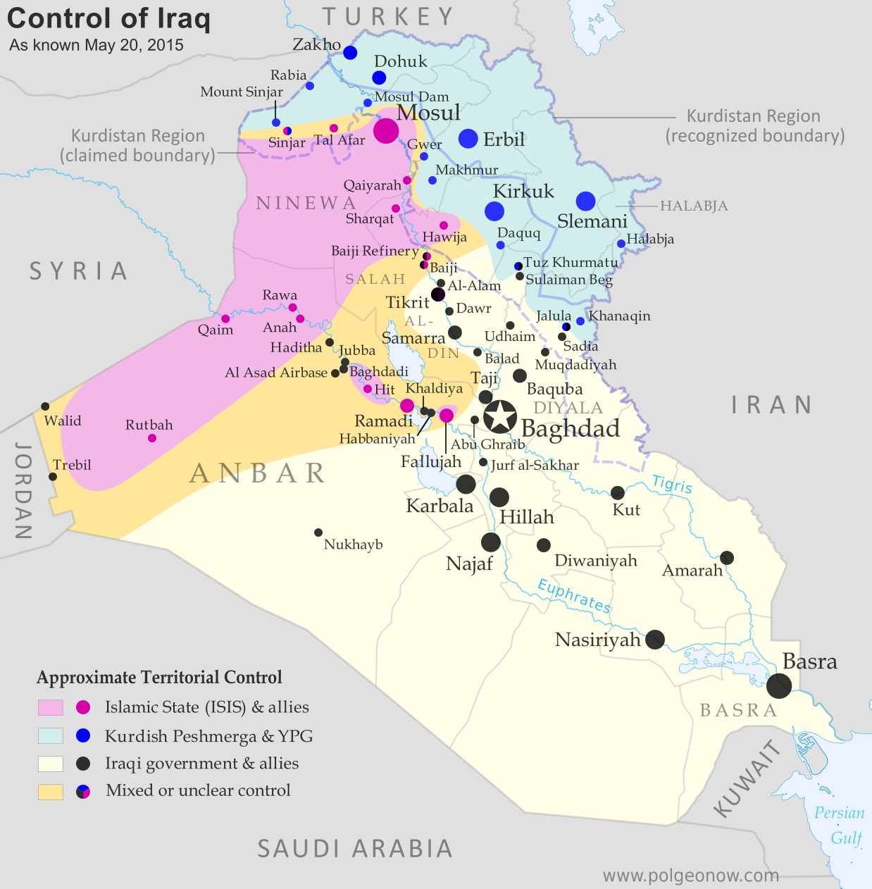 Detailed map of territorial control in Iraq as of May 20, 2015, including territory held by the Islamic State (ISIS, ISIL), the Baghdad government, and the Kurdistan Peshmerga. Includes recent flashpoints including Ramadi, Tikrit, Habbaniyah, Khaldiya, Sinjar, and others, as well as the recently created province of Halabja in Iraqi Kurdistan.
