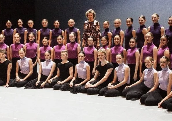 Queen Mathilde wore ERDEM Florence Dress Agar Bird. Antwerp Royal Ballet School and watched "Bolero" ballet performance