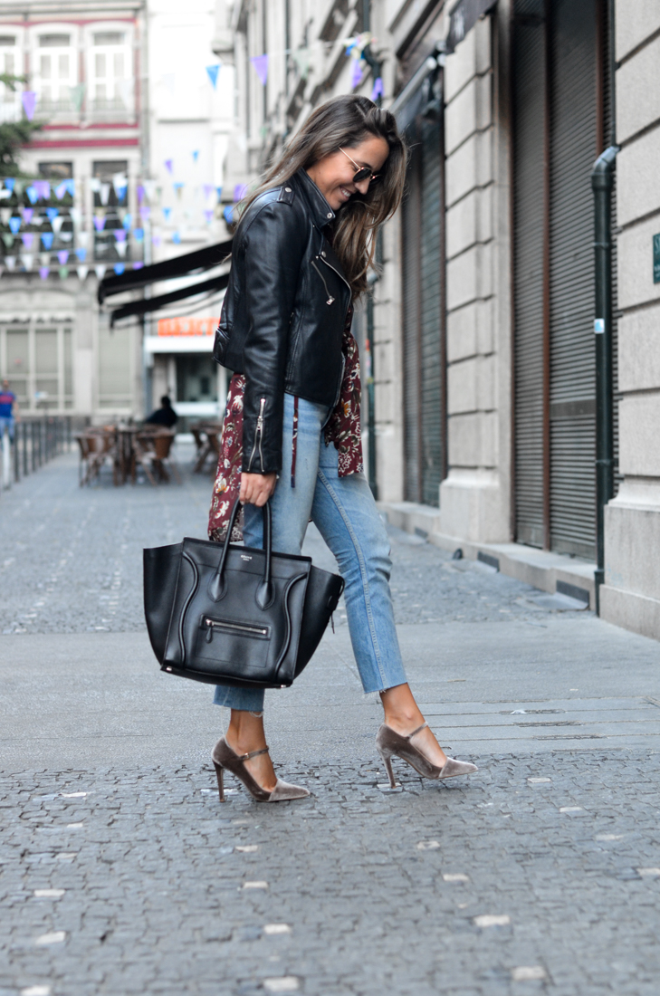 Streetstyle blogger wearing Zara mom jeans Zara flowers blouse, MI-moh velvet nude heels, céline luggage black bag, ray ban round sunglasses