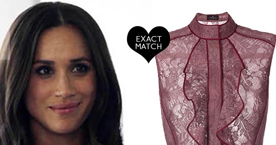 Meghan Markle as Rachel in burgundy ruffled lace blouse on Suits season 7 ~ TV Fashion Finder