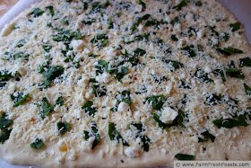 photo of fresh spinach, feta and shredded Italian blend cheeses on pizza dough