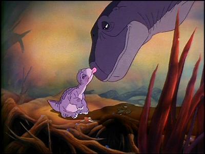 Littlefoot and her mother in The Land Before Time 1988 animatedfilmreviews.filminspector.com