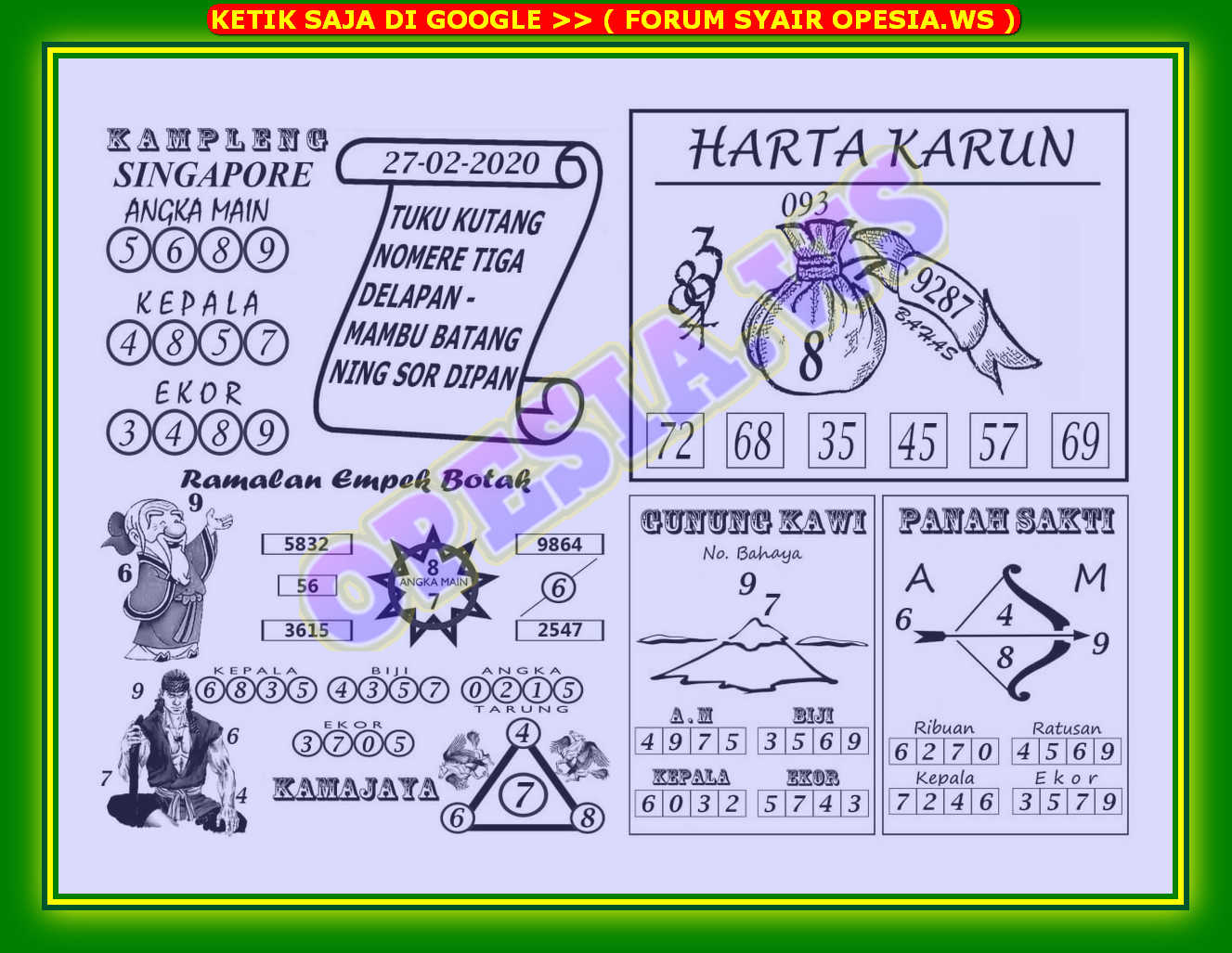 Kode Syair Singapore 27 Februari 2020 Forum Syair Togel Hongkong Singapura Sydney