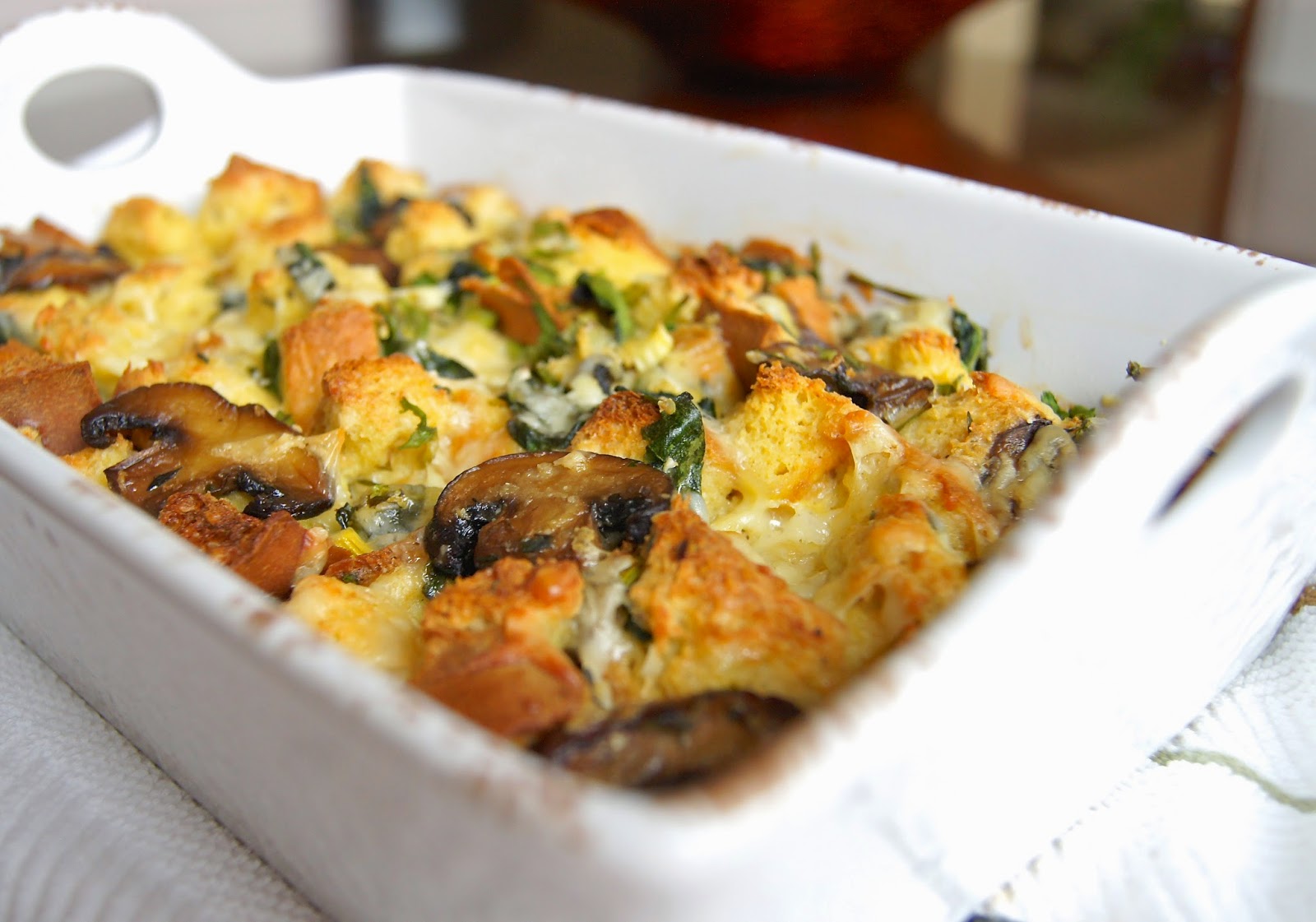 Healthy and Gourmet Spinach, Mushroom & Cheese Strata a savory bread