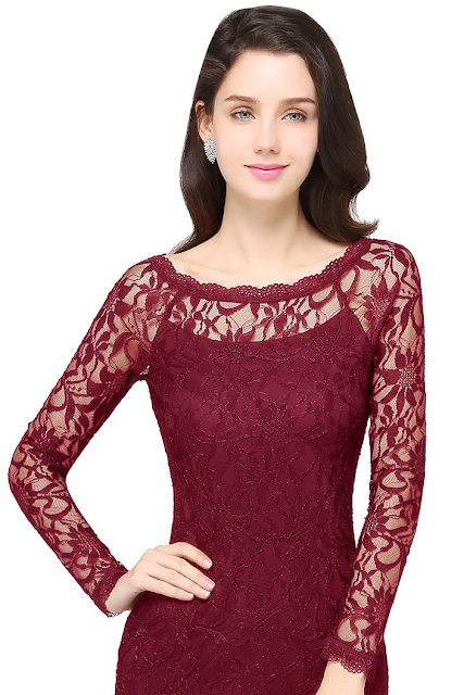 Sexy Burgundy Lace Long Sleeves Mermaid Prom Dresses